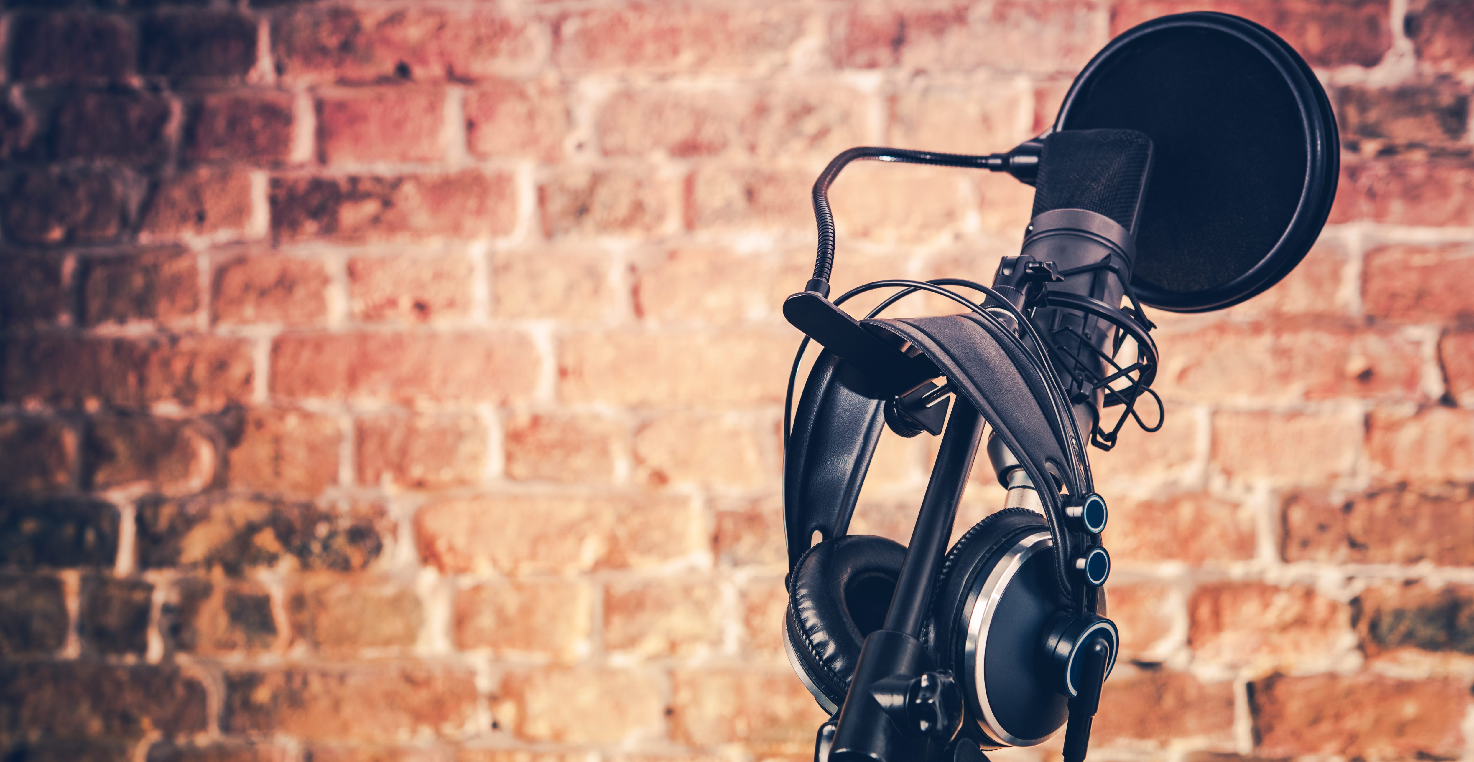 Dettaglio di un microfono professionale con cuffie audio